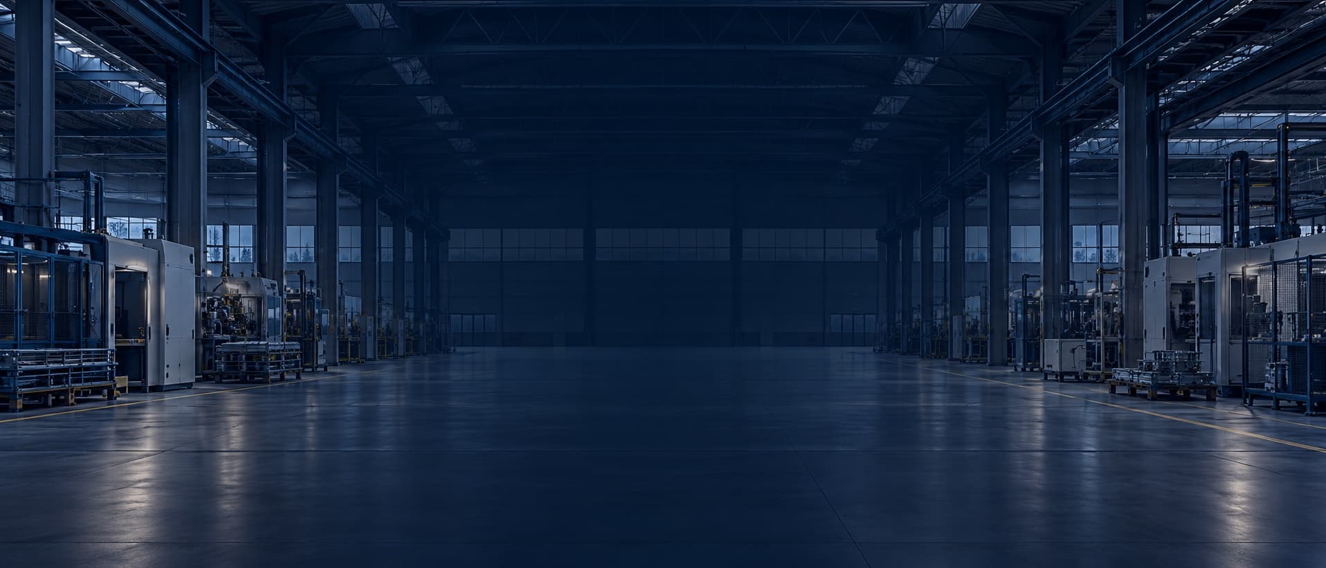 Empty industrial production hall at dusk