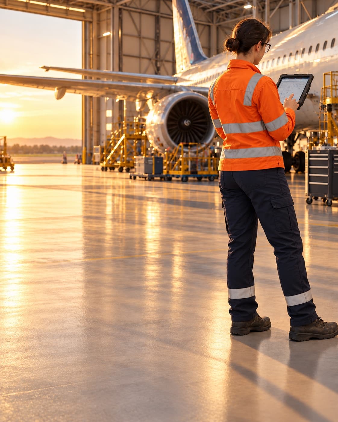 Maintenance technician using a business application on a tablet next to an aircraft in a hangar