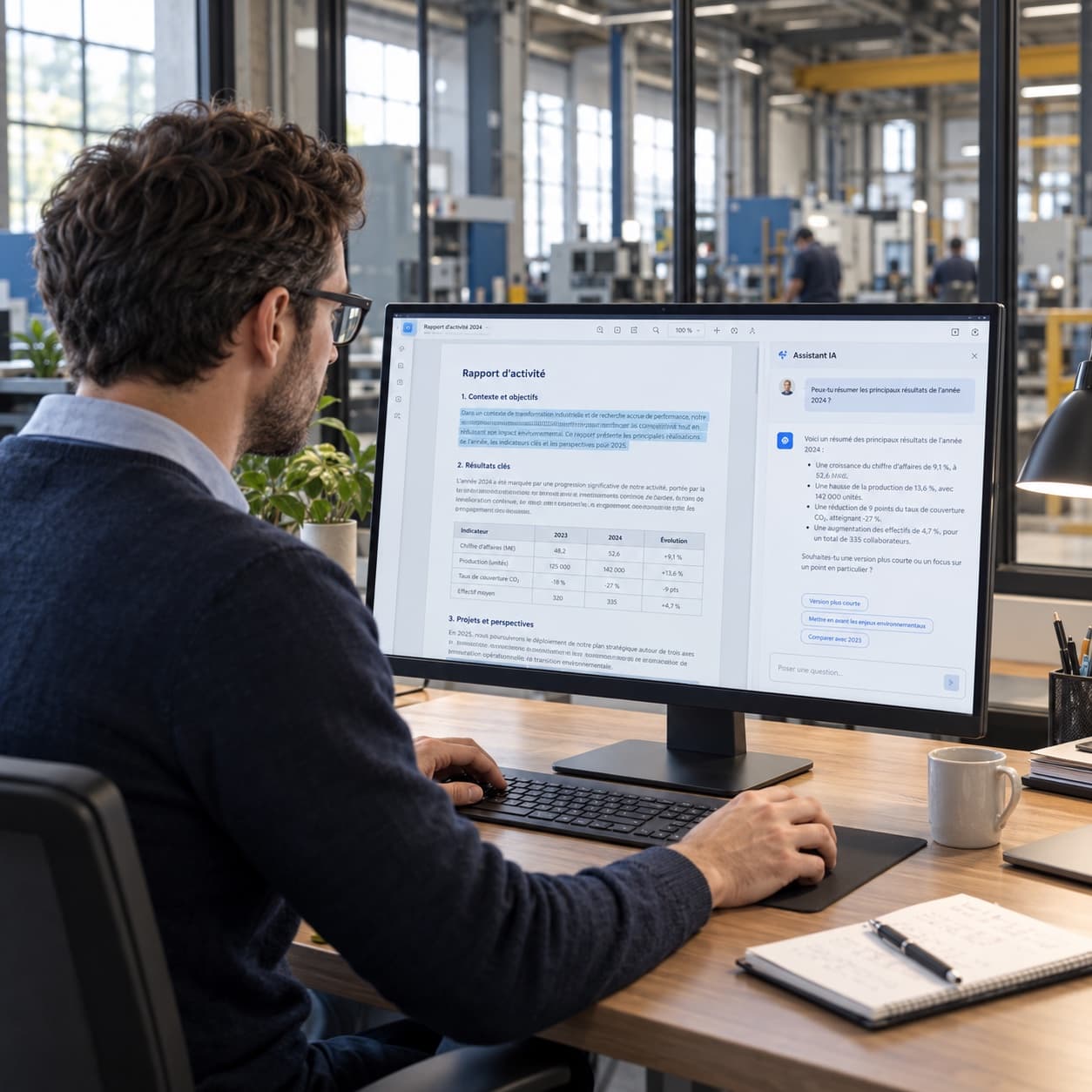 Engineer asking an AI assistant to summarise an activity report, with the production floor behind the glass
