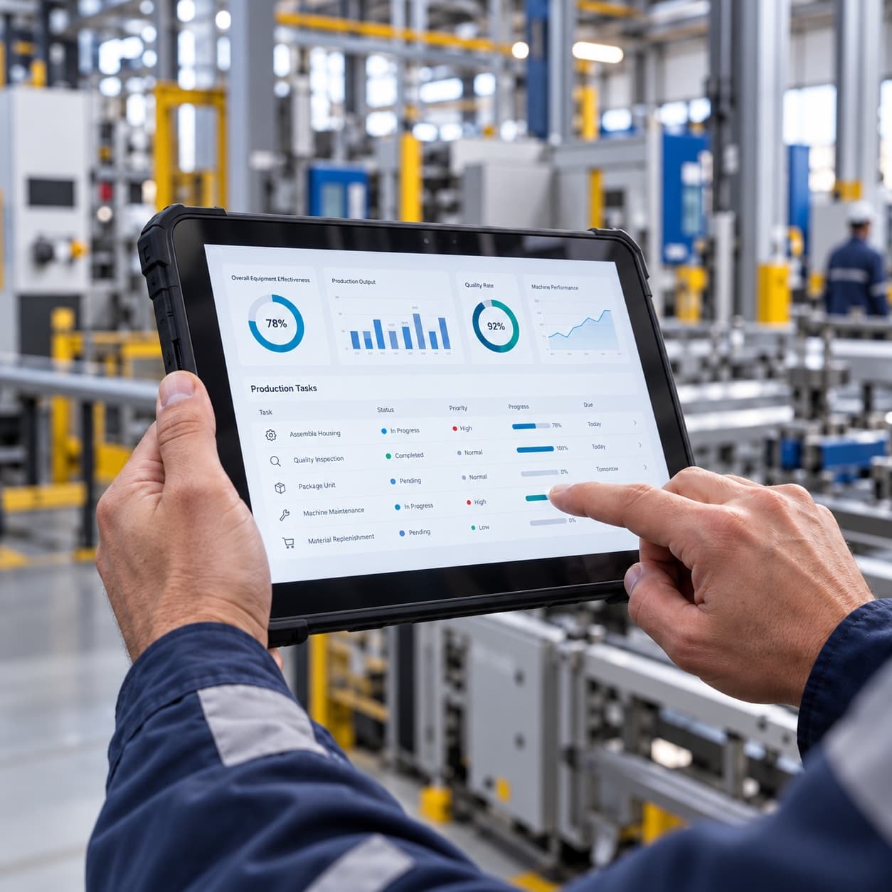 Hands using a business application with production tasks on a rugged tablet on the shop floor