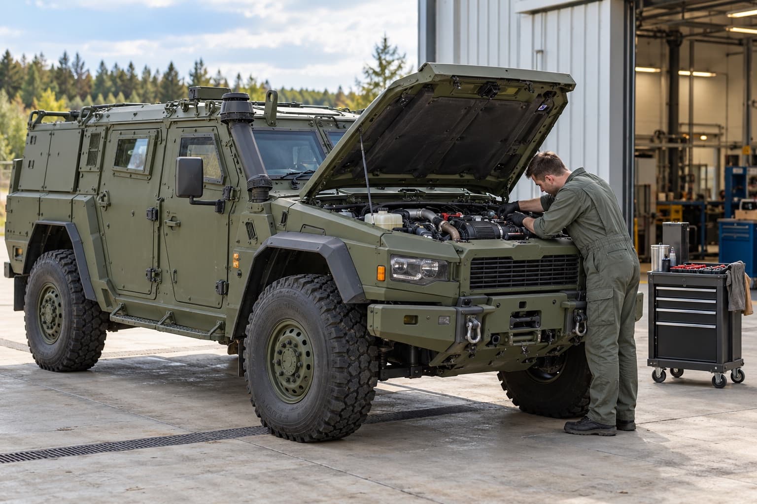 Mechanic servicing the engine of an armoured vehicle outside a maintenance hangar