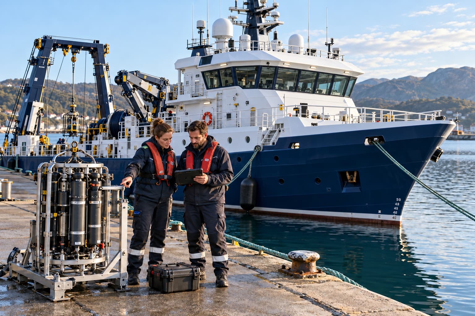 Two crew members checking equipment data on a tablet on the quay beside a moored vessel