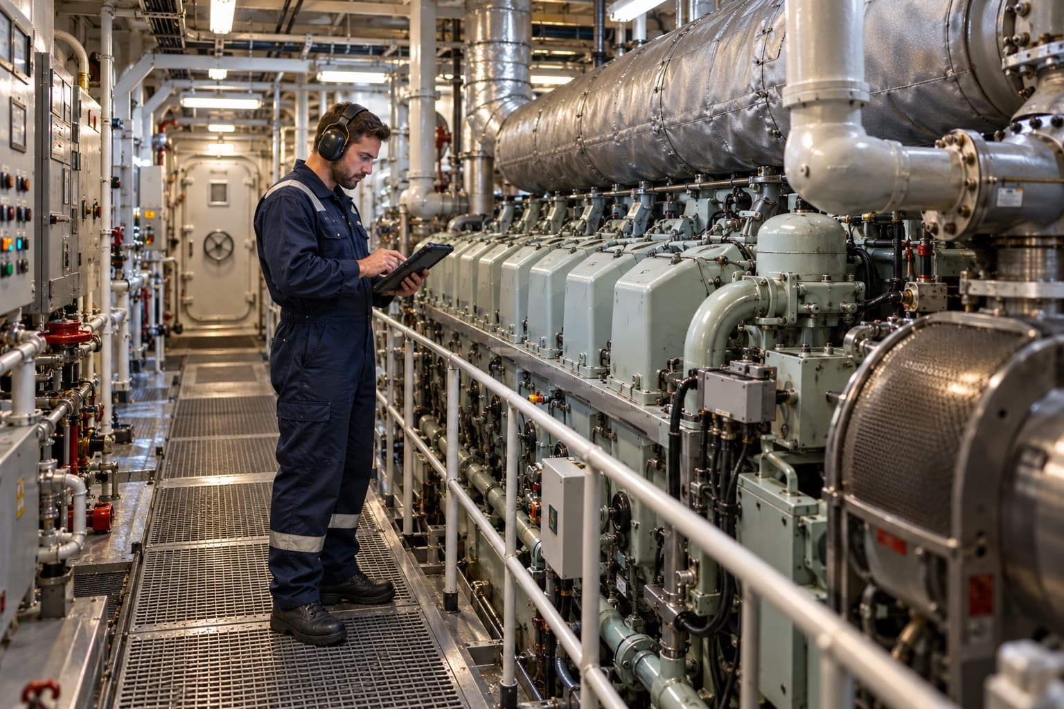 Technician recording a maintenance check on a tablet in a ship's engine room