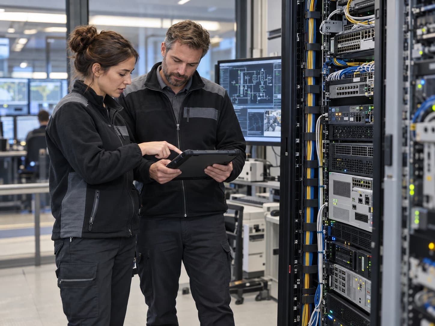 Two technicians reviewing support data on a rugged tablet next to equipment racks